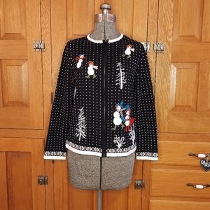 Charter Club black winter snowman holiday zip up cardigan